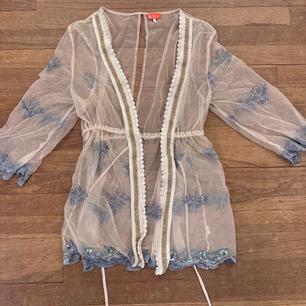 Resort white gold and blue trim sheer open back rope tassel tie blouse sz M
 b42